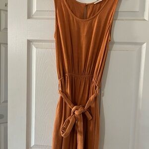 Rust Orange Sleeveless Jumpsuit gartered waist with tie Sz SM